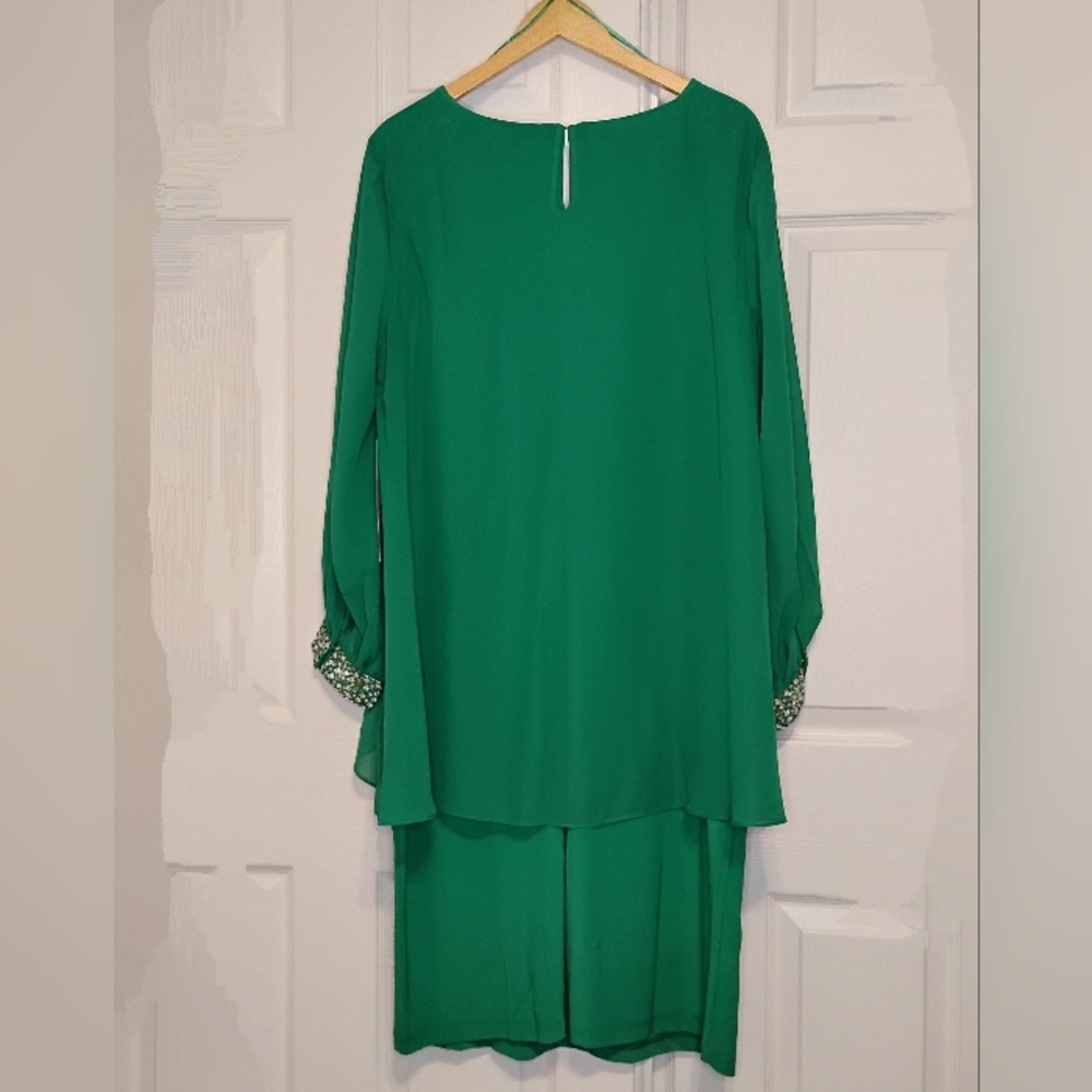 Midnight Velvet Plus Cocktail Dress Rhinestone Cuffed Balloon Sleeves Green 1X